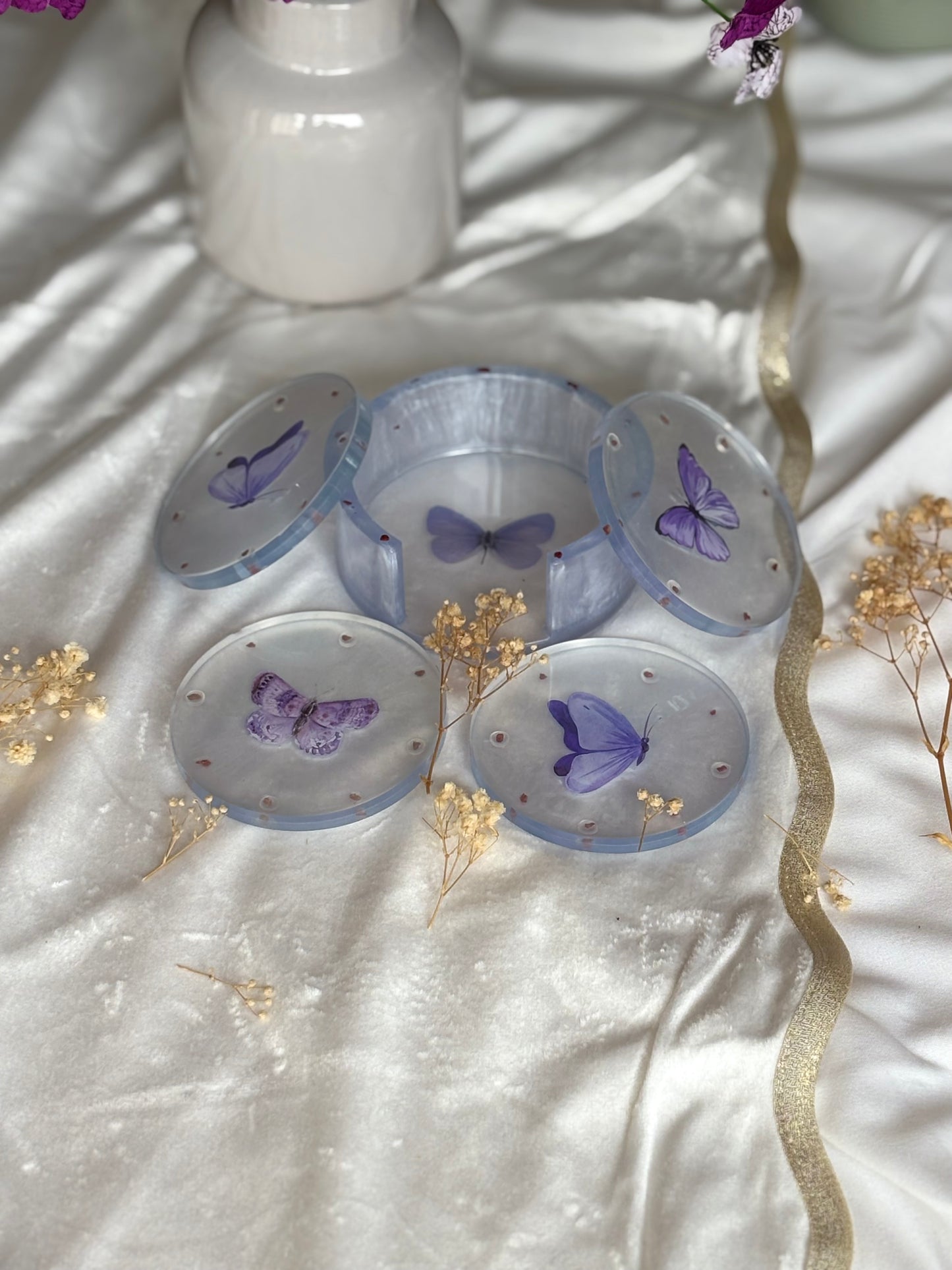 Purple butterfly coasters set