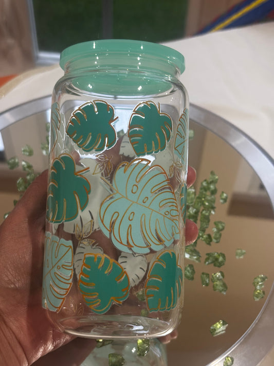 Iced Coffee Green Leaf Glass Cup