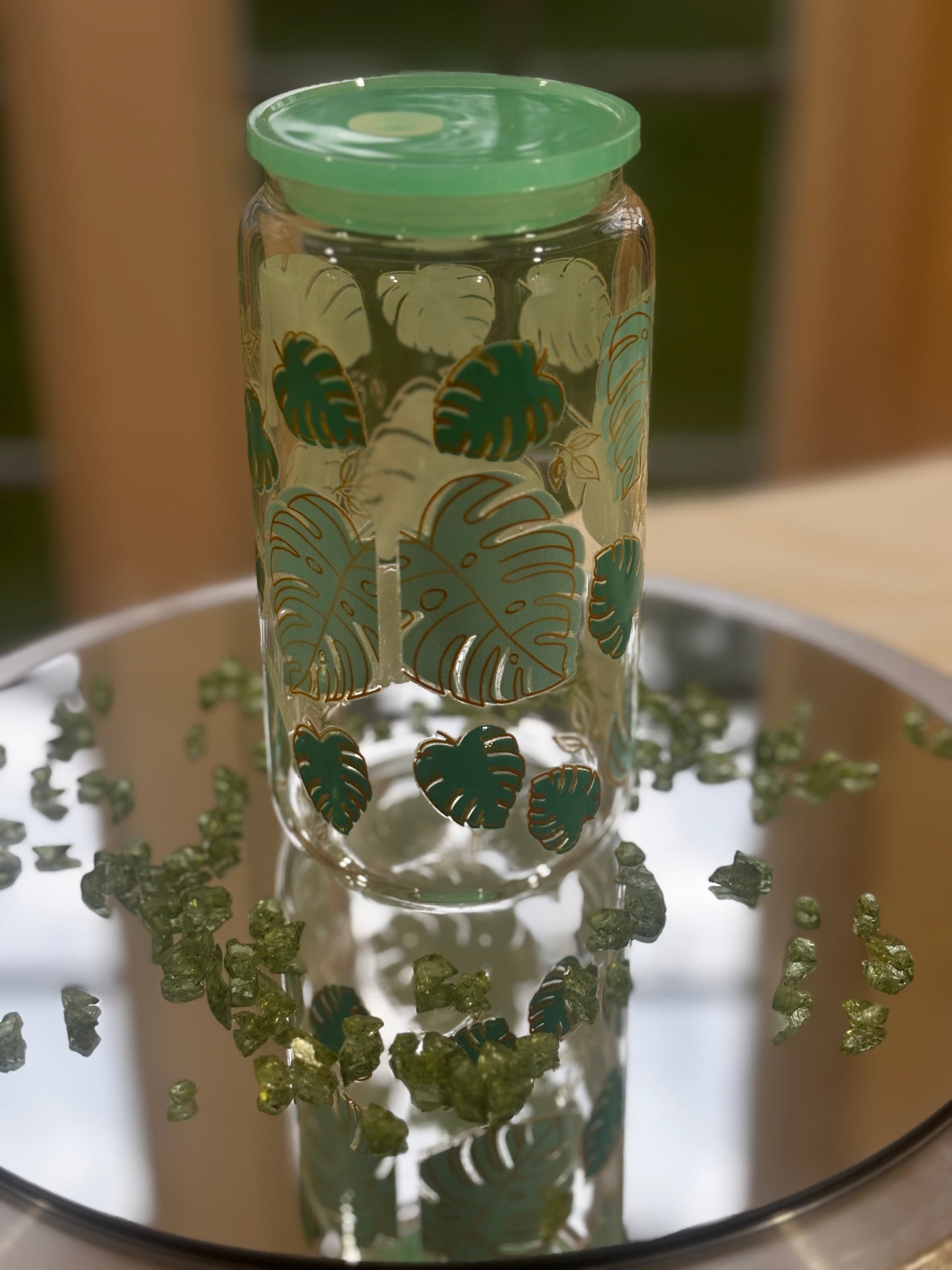 Iced Coffee Green Leaf Glass Cup