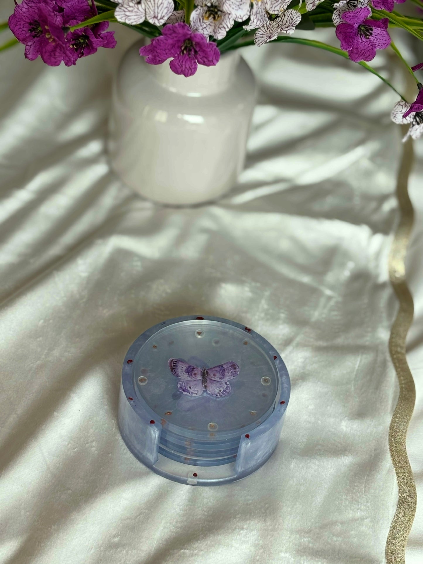 Purple butterfly coasters set
