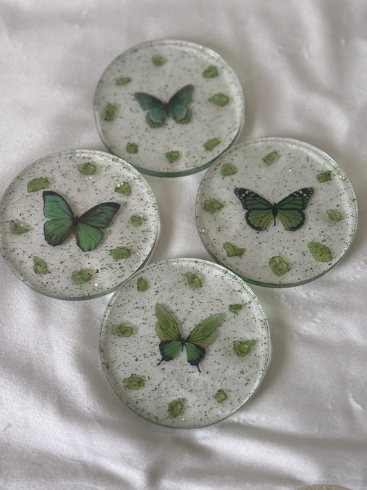 Green Butterfly Resin Coaster Set