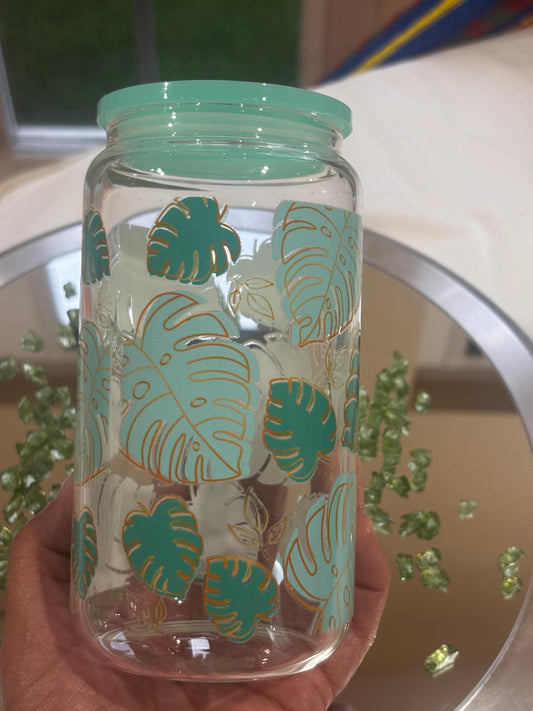 Iced Coffee Green Leaf Glass Cup