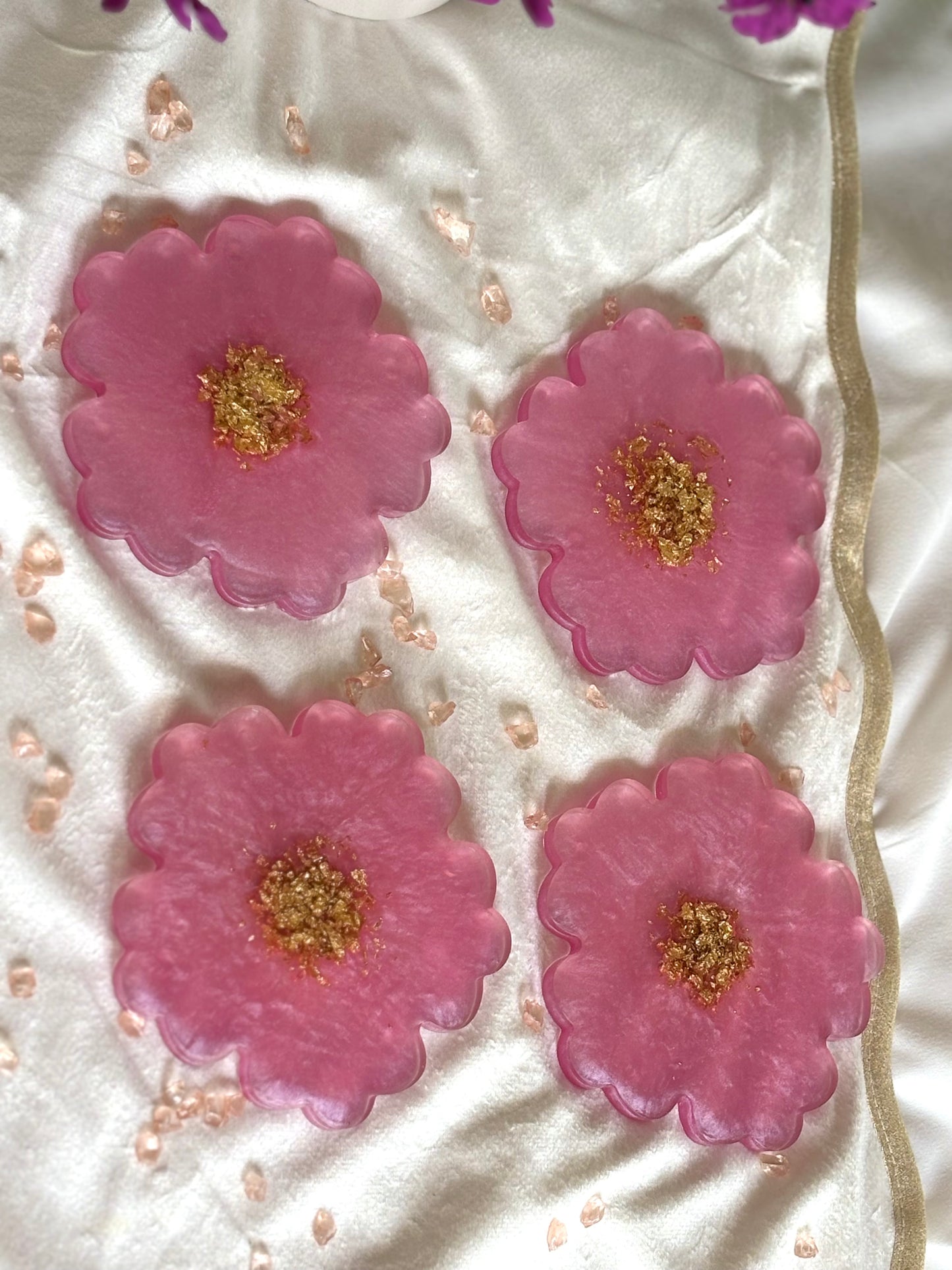 Pink flower resin coasters set