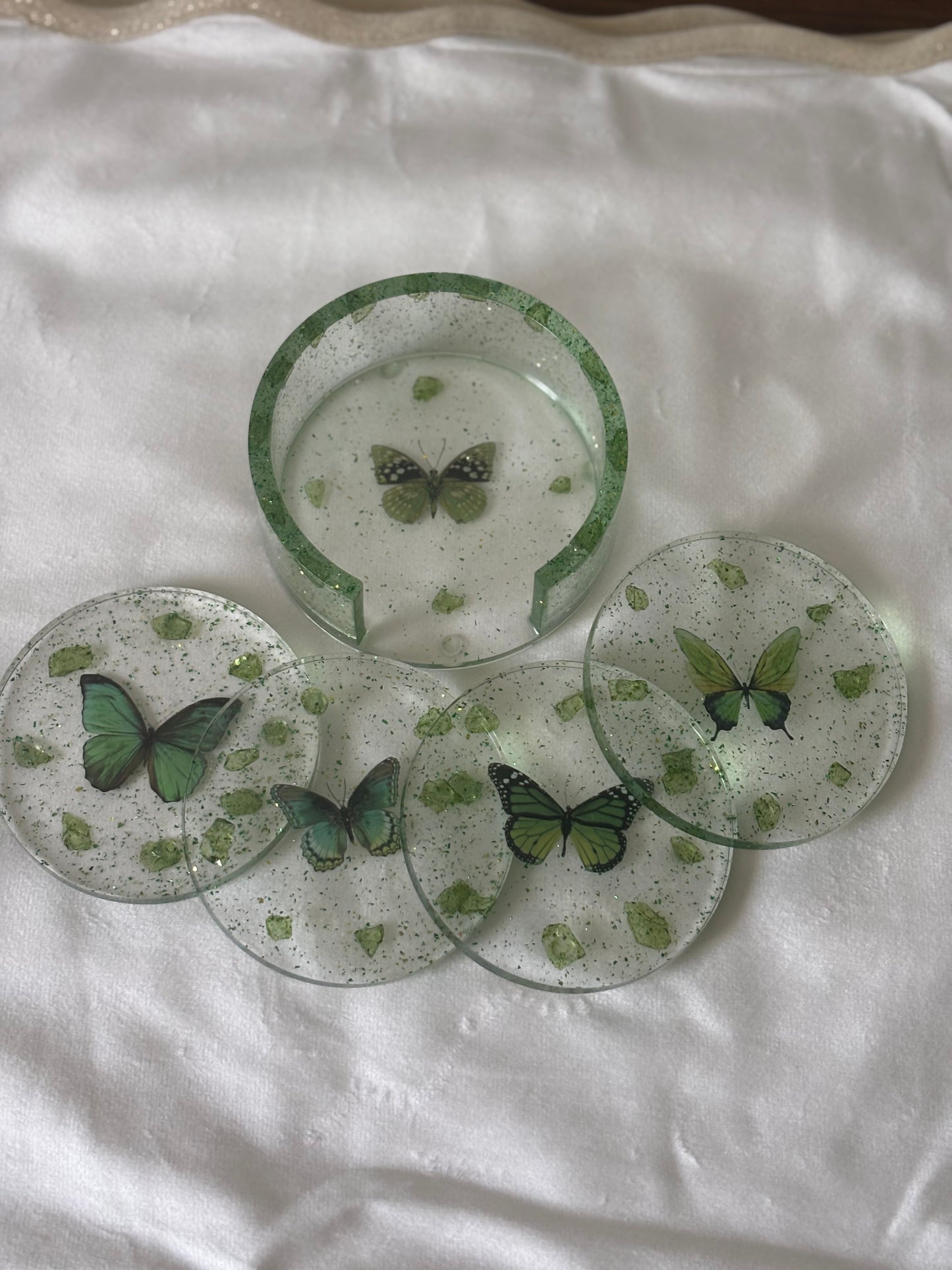 Green Butterfly Resin Coaster Set